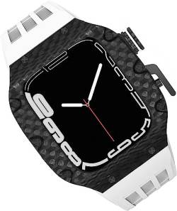 Jazoxy Uhrengehäuse aus Karbonfaser, Fluorkautschuk-Armband, für Apple Watch 8/7/6/5/4/SE, 44 mm, 45 mm, 49 mm, Titan-Metallrahmen, Sportarmband, wasserdichte Bänder, 316L-Edelstahl-Verschluss, 44mm, von Jazoxy