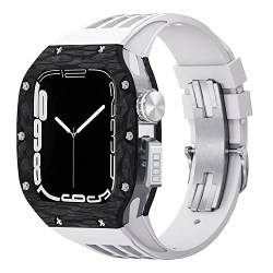 Uhrengehäuse aus Karbonfaser + Watch Starp Mod Kit, für Apple Watch 8, 7, 6, 5, 4, SE, 44 mm, 45 mm, Luxus-Modifikationsset, Fluorarmband, 44MM, Achat von Jazoxy