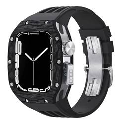 Uhrengehäuse aus Karbonfaser + Watch Starp Mod Kit, für Apple Watch 8, 7, 6, 5, 4, SE, 44 mm, 45 mm, Luxus-Modifikationsset, Fluorarmband, 45 mm, Achat von Jazoxy
