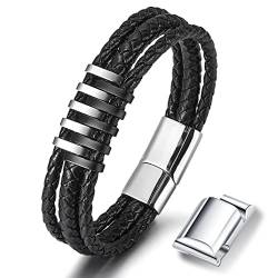 Jbniuay Armband Herren Lederarmband Schwarz - Geschenk für Männer - geflochten Echtleder Armband - Leder Armreif mit Magnet Verschluss 21+1.5cm von Jbniuay