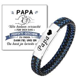 Jbniuay Vatertagsgeschenk für papa - Armband Papa Vatertag- Lederarmband - Adjustable Armband Papa Leder mit Gravur blau schwarz Edelstahl geflochten Armreif für Dad Vater Geschenk von Jbniuay