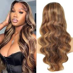 JcziJcx Echthaar Perücke Blond Lace Front Wig Human Hair 4x4 Free Part Lace Closure Wig Glueless Wig 150% Density P4/27 Body Wave Wig Highlight Wig Brazilian Hair Wig With Baby Hair 24 Zoll von JcziJcx