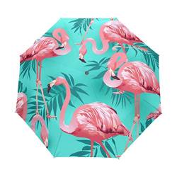 Jeansame Regenschirm mit tropischen Flamingo-Palmenblättern, Vögeln, Sommer, faltbar, kompakt, für Damen, Herren, Jungen, Mädchen von Jeansame
