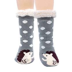 Jeasona Flauschige Damen-Socken aus Fleece, niedlich, warm, gemütlich, rutschfest, für den Winter 35-38 Gr. 35-38, Igel von Jeasona