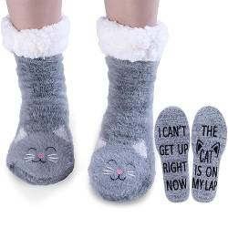 Jeasona Hausschuhsocken mit Greifern für Damen, Katzengeschenk, Weihnachtsliebhaber, Graue Katze mit Buchstabe, 35/37 EU von Jeasona