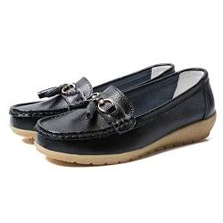 JeathFea Lässige Damen Loafer mit Flacher Metallschnalle, Bequeme, leichte Penny Loafer für Damen Leder Slip on Outdoor Moccasion Bootsschuhe von JeathFea