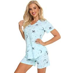 Jecarden Damen Schlafanzug Kurz Damen Pyjama Set Sommer Nachtwäsche Baumwolle Zweiteiliger Sleepwear Hausanzug und Hose mit Tunnelzug V-Ausschnitt Pyjamas Kurzarm Nachthemd XXL von Jecarden