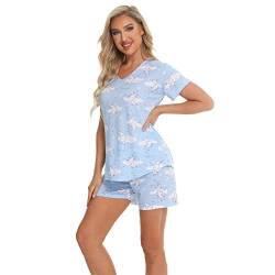 Jecarden Damen Schlafanzug Kurz Damen Pyjama Set Sommer Nachtwäsche Baumwolle Zweiteiliger Sleepwear Hausanzug und Hose mit Tunnelzug V-Ausschnitt Pyjamas Kurzarm Nachthemd XXL von Jecarden