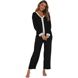 Jecarden Damen Schlafanzug mit Spitze Lang - Damen Pyjama Set Winter Langärmelig Nachtwäsche Zweiteiler Baumwolle Sexy Pyjama für Frauen weiche Loungewear Schwarz L von Jecarden