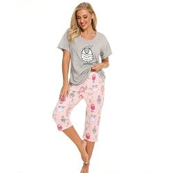 Jecarden Nachthemd, Damen Schlafanzug Set Pyjama Set Baumwolle Kurz Nachthemden Zweiteilige Kurzarm Shirt und Lang Schlafanzughose Sleepwear von Jecarden