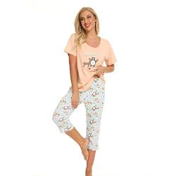 Jecarden Schlafanzug Damen Kurz Nachthemd - Pyjama Damen Kurzarm Baumwolle Capri Schlafanzug Damen Sleepwear Zweiteiliger Sleepwear Orange L von Jecarden