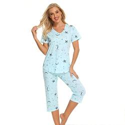 Jecarden Schlafanzug Damen Nachthemd Kurz - Pyjama Damen Baumwolle Sommer Capri Schlafanzug Damen Sleepwear Kurzarm Zweiteiliger Sleepwear S von Jecarden