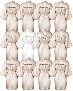 12 Stück Brautjungfern-Bademantel für Hochzeitstag, Satin-Kimono-Bademantel für Brautjungfer, bestickte Brautparty-Bademäntel, Weiß und Champagner, Einheitsgröße von Jecery