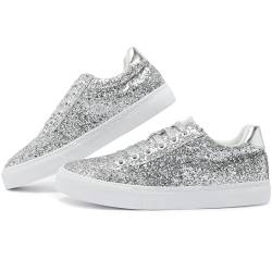 Jeekopeg Glitzer Sparkly Fashion Sneakers Glänzende Freizeitschuhe Bling Pailletten Konzert Low Cut Schnürschuhe, silber, 14 Women/12 Men von Jeekopeg