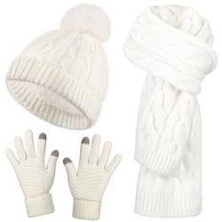 Jeere Strickmütze Schal und Handschuhe Set 3 Stück Kaltes Winter Set Weiße Handschuhe Langer Schal Kabel Strickmütze für Frauen von Jeere