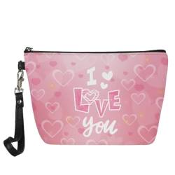 Jeiento Valentinstag-Leder-Make-up-Tasche, Geldbörse, Reise-Kosmetiktasche, multifunktional, kleine Kulturbeutel, praktische Tasche, Geschenke für Frauen und Mädchen, Valentinstagstasche, Rosa Herzen von Jeiento