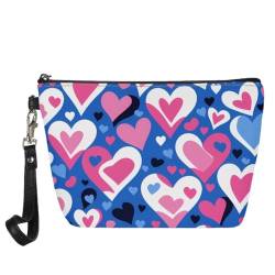 Jeiento Valentinstag-Leder-Make-up-Tasche, Geldbörse, wasserdicht, kleine Kulturtasche, Reißverschluss, Kosmetiktaschen, Make-up-Zubehör für Damen, Herren, Mädchen, Rosa blaue Herzen, L, von Jeiento