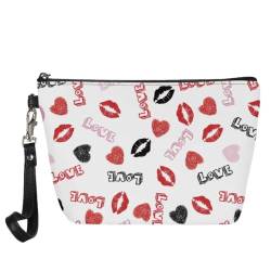 Jeiento Valentinstag-Leder-Make-up-Tasche, Geldbörse, wasserdicht, kleine Kulturtasche, Reißverschluss, Kosmetiktaschen, Make-up-Zubehör für Damen, Herren, Mädchen, Sexy Rote Lippen Liebe Herzen, L, von Jeiento