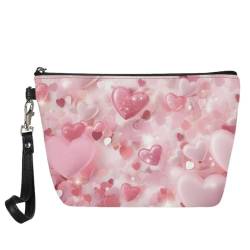 Jeiento Valentinstag-Leder-Make-up-Tasche, Geldbörse, wasserdicht, kleine Kulturtasche, Reißverschluss, Kosmetiktaschen, Make-up-Zubehör für Damen, Herren, Mädchen, rosa herzen, L, Taschen-Organizer von Jeiento