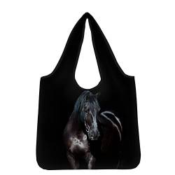 Jeiento Wiederverwendbare Einkaufstaschen, große Einkaufstaschen mit Tasche für Damen und Herren, strapazierfähig, leicht, waschbar, faltbar, langlebig, Schwarzes Pferd, Einheitsgröße von Jeiento