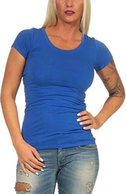 Jela London Damen Basic Longshirt T Shirt lang Stretch Rundhals Kurzarm einfarbig, Blau 127, 34-36 (M) von Jela London
