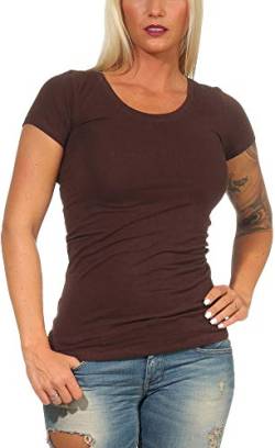Jela London Damen Basic Longshirt T Shirt lang Stretch Rundhals Kurzarm einfarbig, Braun 139, 36-38 (L) von Jela London