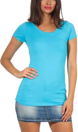 Jela London Damen Basic Longshirt T Shirt lang Stretch Rundhals Kurzarm einfarbig, Hellblau 36-38 (L) von Jela London