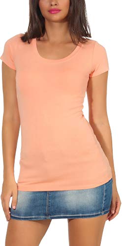 Jela London Damen Basic Longshirt T Shirt lang Stretch Rundhals Kurzarm einfarbig, Pfirsisch Aprikot 38-40 (XL) von Jela London