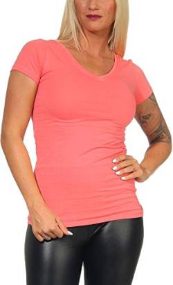 Jela London Damen Basic Longshirt T Shirt lang Stretch V-Ausschnitt Kurzarm einfarbig, Apricot 31, 38-40 (XL) von Jela London