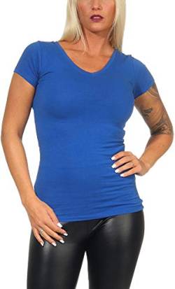 Jela London Damen Basic Longshirt T Shirt lang Stretch V-Ausschnitt Kurzarm einfarbig, Blau 127, 40-42 (XXL) von Jela London