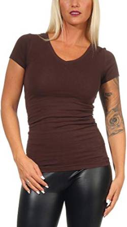 Jela London Damen Basic Longshirt T Shirt lang Stretch V-Ausschnitt Kurzarm einfarbig, Braun 139, 36-38 (L) von Jela London