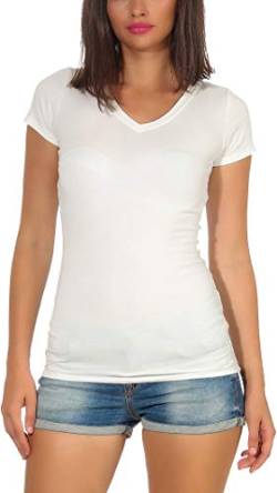 Jela London Damen Basic Longshirt T Shirt lang Stretch V-Ausschnitt Kurzarm einfarbig, Creme Elfenbein 34-36 (M) von Jela London