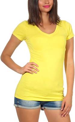 Jela London Damen Basic Longshirt T Shirt lang Stretch V-Ausschnitt Kurzarm einfarbig, Gelb 36-38 (L) von Jela London