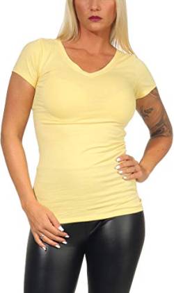 Jela London Damen Basic Longshirt T Shirt lang Stretch V-Ausschnitt Kurzarm einfarbig, Gelb 72, 38-40 (XL) von Jela London