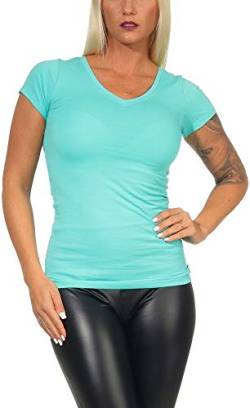 Jela London Damen Basic Longshirt T Shirt lang Stretch V-Ausschnitt Kurzarm einfarbig, Grün 75, 34-36 (M) von Jela London