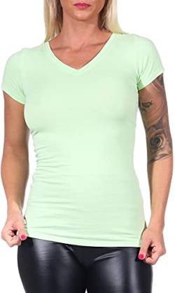 Jela London Damen Basic Longshirt T Shirt lang Stretch V-Ausschnitt Kurzarm einfarbig, Grün 98, 34-36 (M) von Jela London