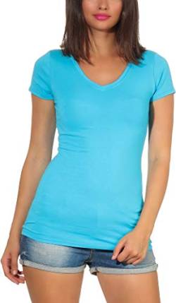 Jela London Damen Basic Longshirt T Shirt lang Stretch V-Ausschnitt Kurzarm einfarbig, Hellblau 40-42 (XXL) von Jela London