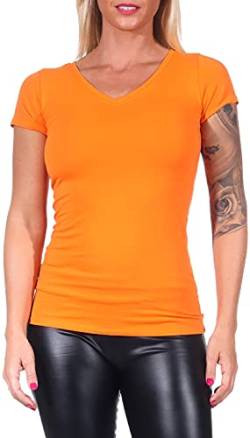 Jela London Damen Basic Longshirt T Shirt lang Stretch V-Ausschnitt Kurzarm einfarbig, Orange 144, 38-40 (XL) von Jela London