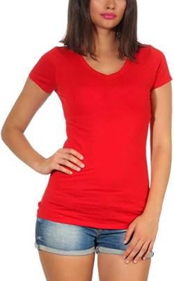 Jela London Damen Basic Longshirt T Shirt lang Stretch V-Ausschnitt Kurzarm einfarbig, Rot 36-38 (L) von Jela London