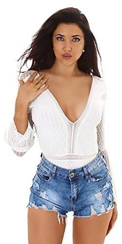 Jela London Damen Body Suit Spitze Netz Mesh Glockenärmel rückenfrei V-Ausschnitt, Weiß M von Jela London