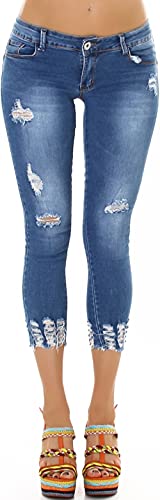 Jela London Damen Capri Jeans Skinny Stretch 7/8 Destroyed Risse Fransen, Blau 34-36 von Jela London