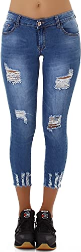 Jela London Damen Capri Jeans Skinny Stretch 7/8 Destroyed Risse Fransen, Blau 38-40 von Jela London