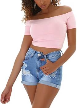 Jela London Damen Denim Hot Pants Jeansshorts Hellblau Destroyed Stretch Löcher Skinny Washed, 38-40 von Jela London