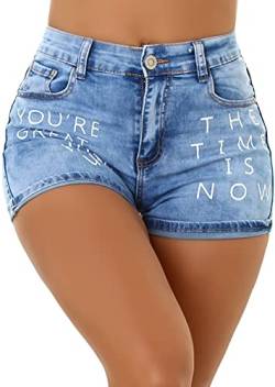 Jela London Damen Denim Jeansshorts Hot Pants Stretch Aufdruck Spruch Skinny Push Up Washed, Hellblau 32-34 von Jela London