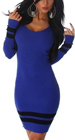 Jela London Damen Fein Strick Mini Kleid Pulloverkleid Longpullover gerippt Streifen Stretch, Blau 36-38 von Jela London