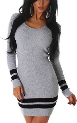 Jela London Damen Fein Strick Mini Kleid Pulloverkleid Longpullover gerippt Streifen Stretch, Grau 36-38 von Jela London