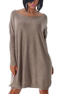 Jela London Damen Fein Strick Pullover Oversize Longpulli Lochnieten, Hellbraun 36-38 von Jela London