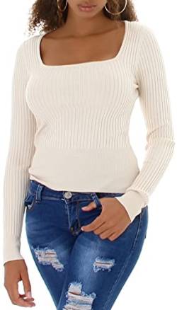 Jela London Damen Feinstrick Pullover Eckiger Ausschnitt Streifen gerippt, Beige von Jela London