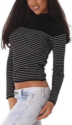 Jela London Damen Feinstrick Retro Pullover Streifen bauchfrei Crop Stretch, Schwarz 34 36 38 von Jela London