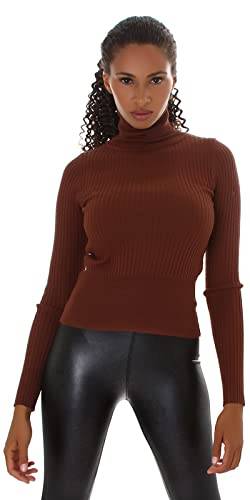 Jela London Damen Feinstrick Rollkragen Pullover Langarm gerippt, Dunkelbraun von Jela London